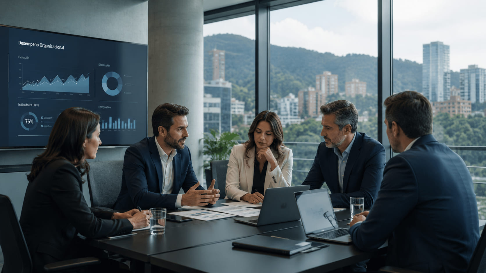 Ejecutivos en sesión de liderazgo, luz natural