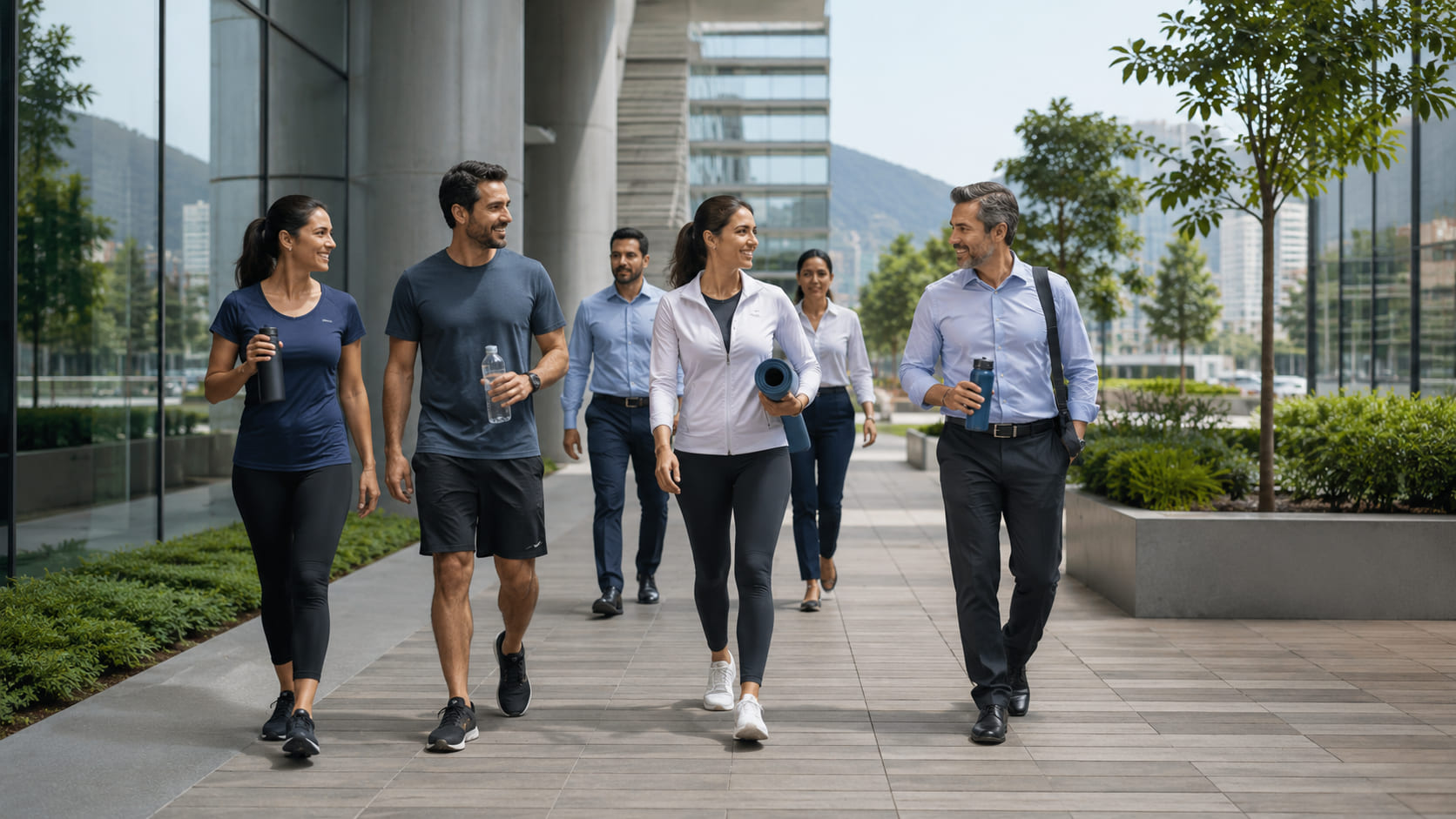 Equipo directivo en movimiento en arquitectura contemporánea